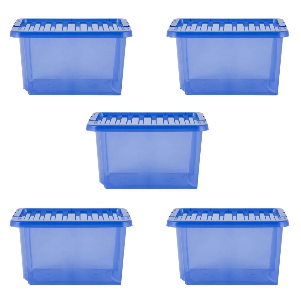image 1 of Wham Crystal 5 x 28L Stackable Plastic Storage Boxes with Lids Blue