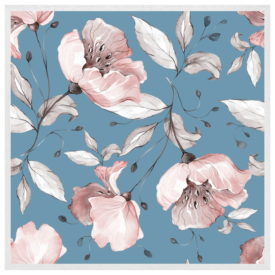 image 1 of Pink flowers on blue (Picutre Frame) White | L
