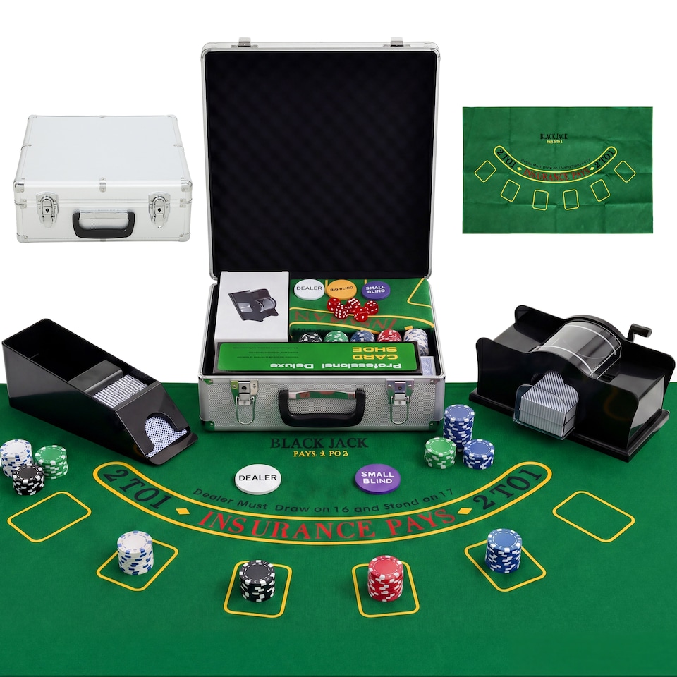 image 1 of SPORTNOW 500-Piece Texas Holdem Poker Chips Set with Card Shuffler and Shoe