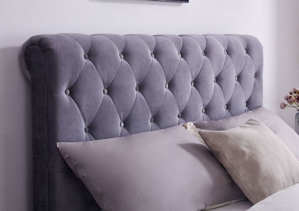 image 1 of 5ft King Size Grey fabric upholstered scroll,buttoned,chesterfield,gas lift up ottoman sleigh bed frame