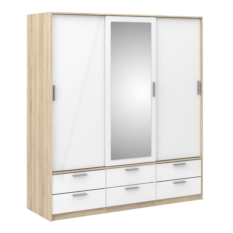 image 1 of Line Wardrobe 3 Doors 6 Drawers in Oak with White High Gloss