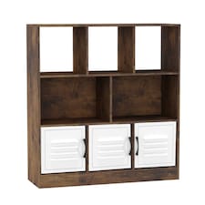 Asymmetrical 8 Cube Rustic Brown Freestanding Bookcase Storage Unit with 3 Doors | White | Metal Doors - White | 1