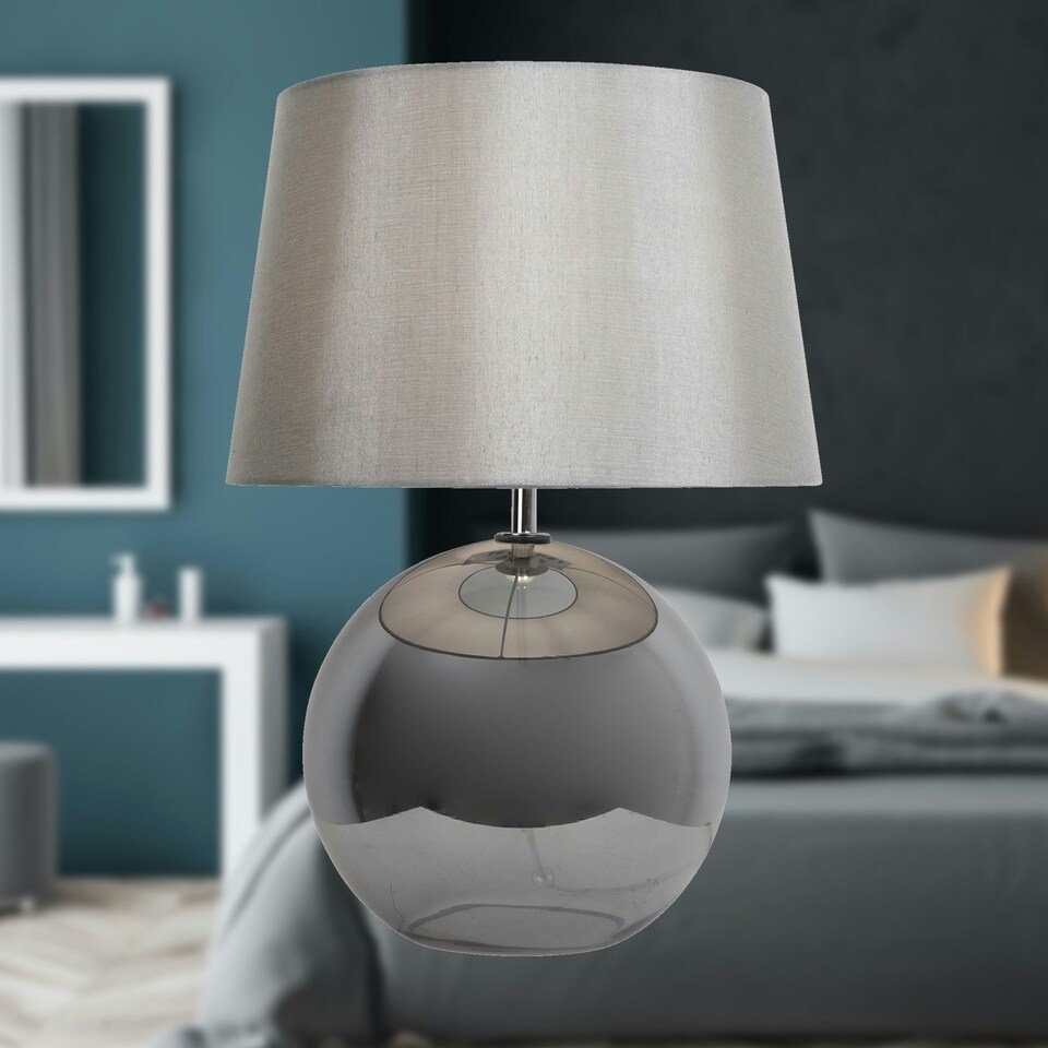 image 1 of First Choice Lighting Set of 2 Ball Smoked Glass Table Lamps with Grey Fabric Shades Grey | Grey