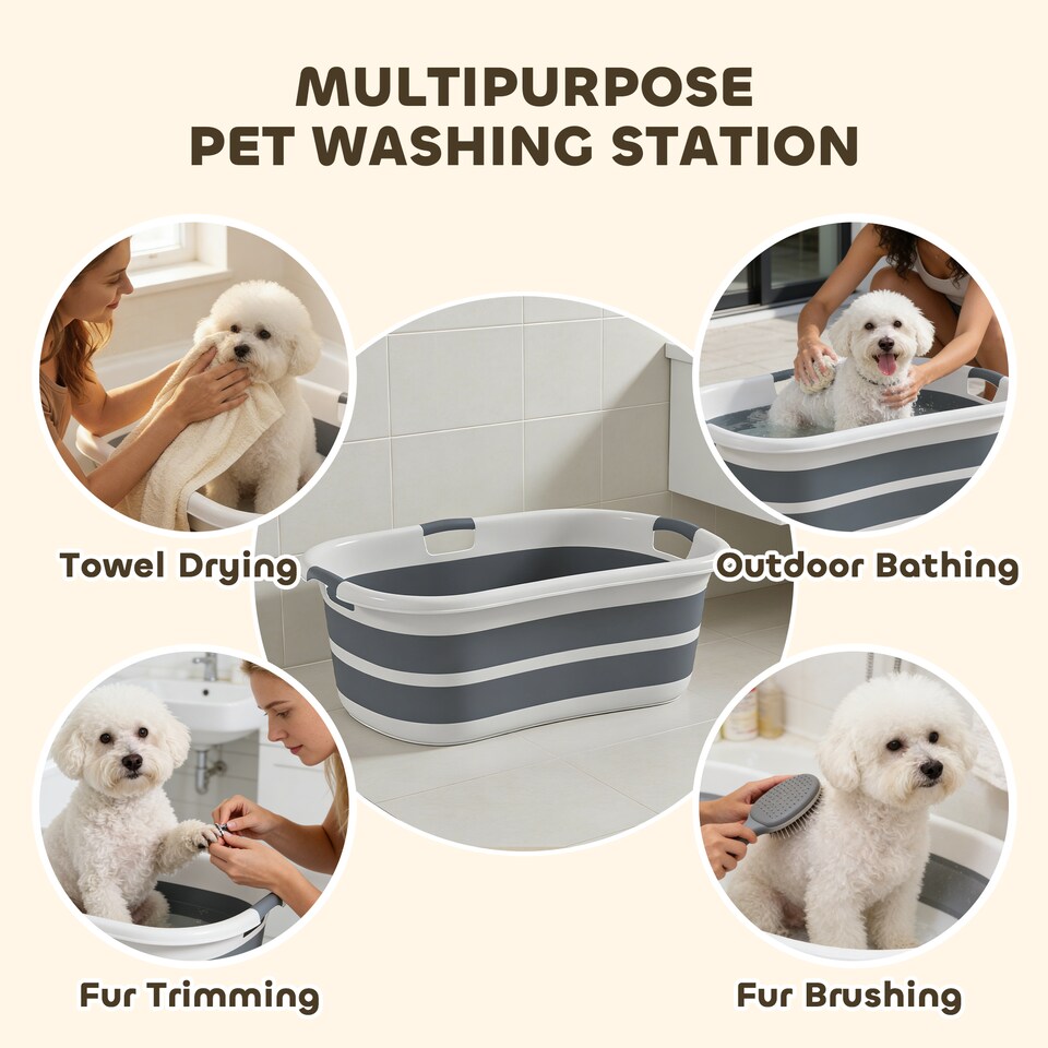 image 1 of PawHut 27L Dog Bath Tub Foldable Pet Bathtub with Drain Hole Grey | Grey | Grey, White | 66 x 44 x 25 cm