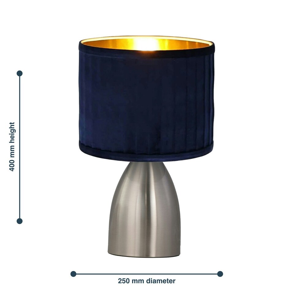 image 1 of First Choice Lighting Valentina Brushed Chrome Touch Lamp with Navy Pleated Velvet Shade Silver | Blue