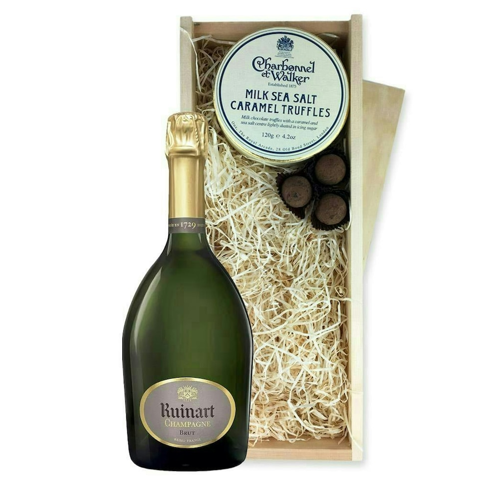 image 1 of Ruinart Brut Champagne And Milk Sea Salt Charbonnel Chocolates Box 75cl 12.5% abv