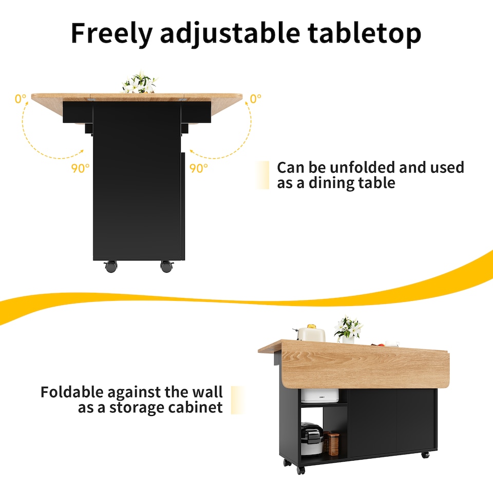 image 1 of VILUXE Kitchen island, kitchen cabinet, removable serving trolley, buffet cabinet, dining trolley with wood grain, buffet cabinet, multifunctional dining table with storage space, Black