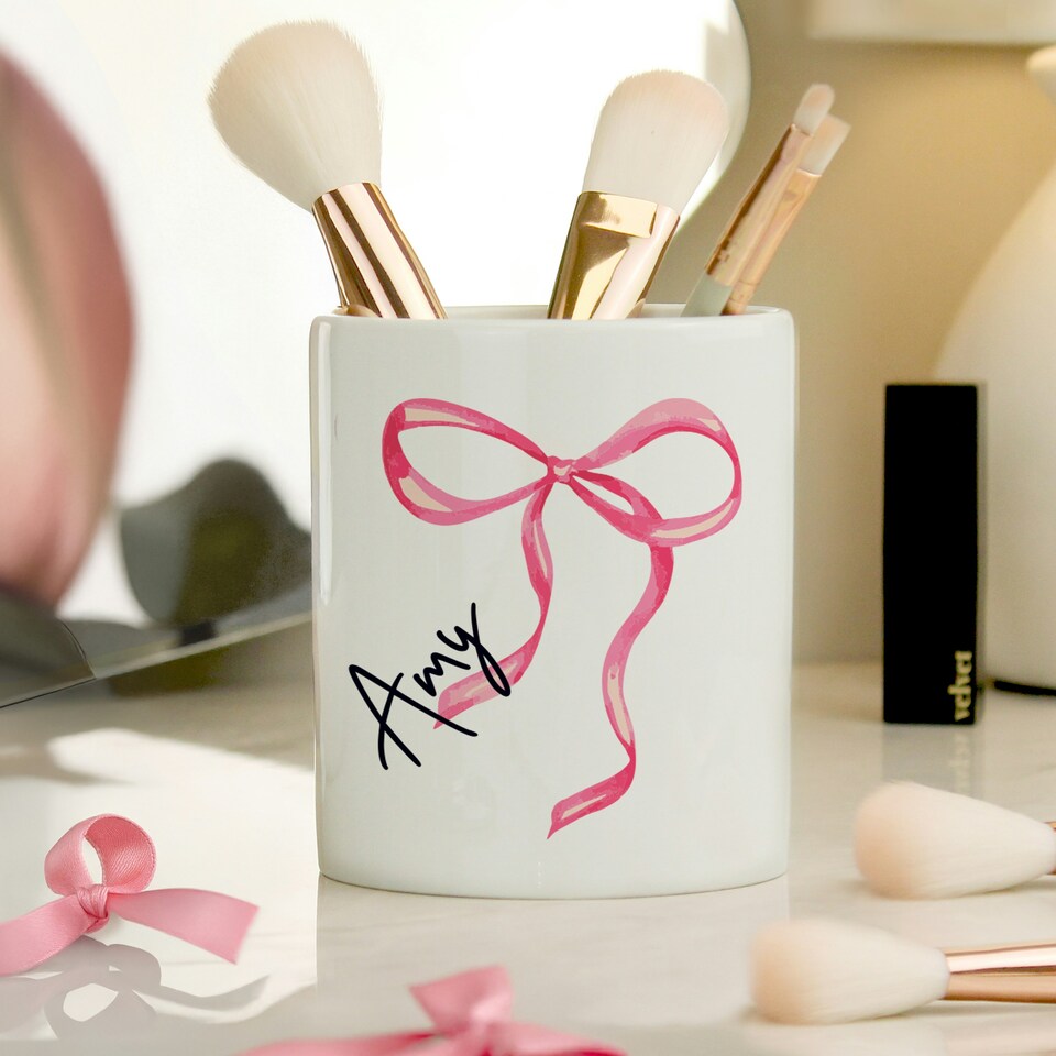 image 1 of Personalised Bow Make Up Brush Holder White