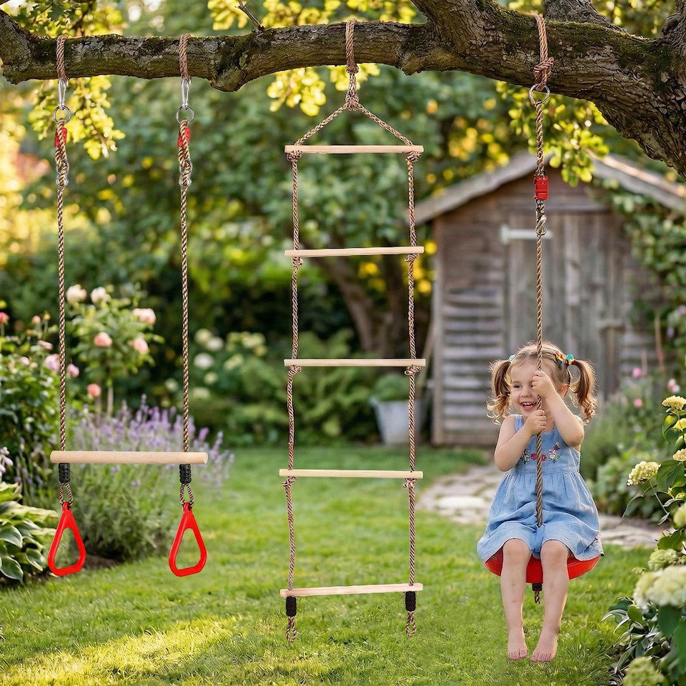 image 1 of The Magic Toy Shop 3-in-1 Trapeze Swing Rope Ladder Set Outdoor Climbing Accessories