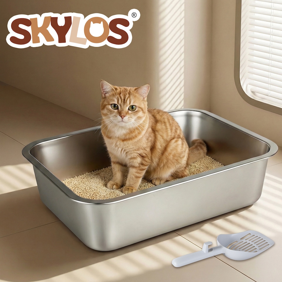 image 1 of Skylos Cat Litter Box Stainless Steel Toilet Tray for Kittens Cats Large