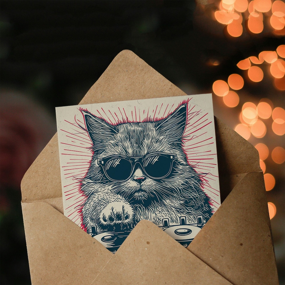 image 1 of DJ Moggie Cat Retro Cool On Decks Fun Cat Mam Her Funny Birthday Card