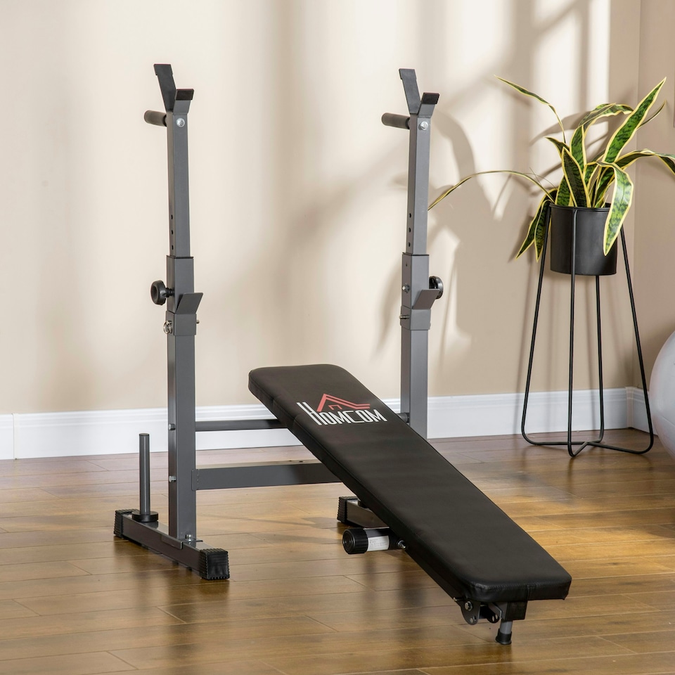 image 1 of HOMCOM Adjustable Weight Bench with Barbell Rack, Dip Station, Grey