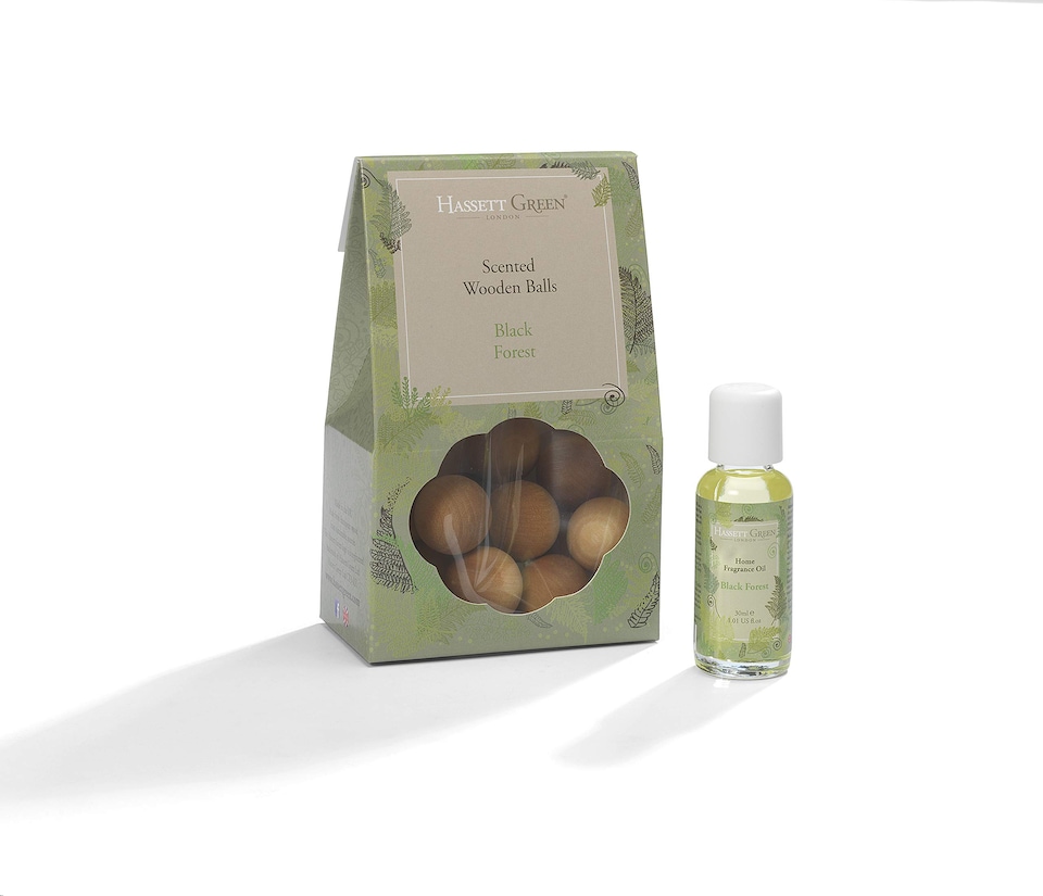 image 1 of Hassett Green London - Black Forest Pine & Eucalyptus - Scented Wooden Balls Pack of 12 plus 30ml Bottle of Home Fragrance Oil for Refreshing - Alternative to Pot Pourri, Diffusers and Drawer Liners
