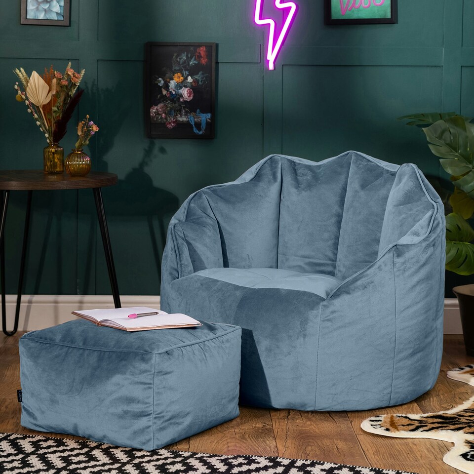image 1 of icon Sirena Scallop Chair Bean Bag and Footstool Mineral Blue Velvet Bean Bags Blue | Blue