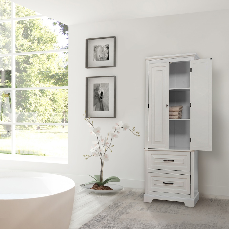 image 1 of Teamson Home Tall Linen Tower Cabinet with 2 Doors, 2 Drawers & Shelves