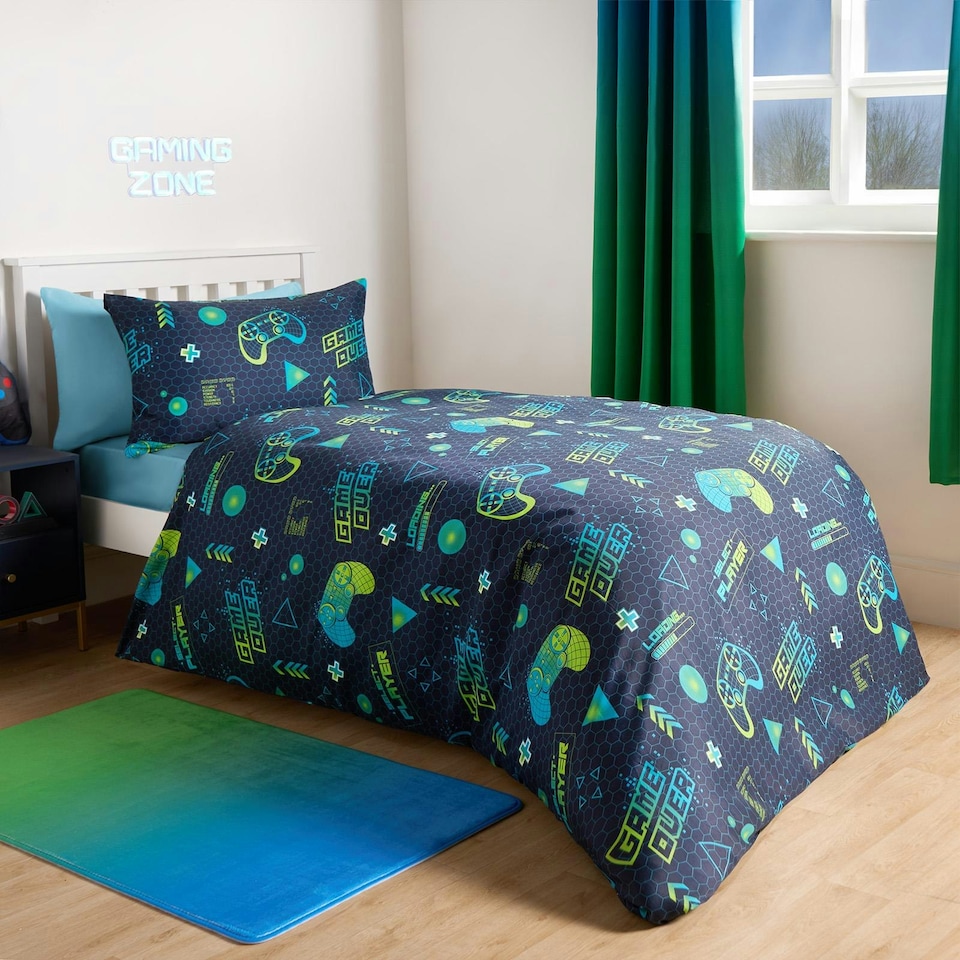 image 1 of OHS Kids Neon Gaming Geo Reverse Duvet Cover and Pillowcase Bedding Set, Double - Green/Blue