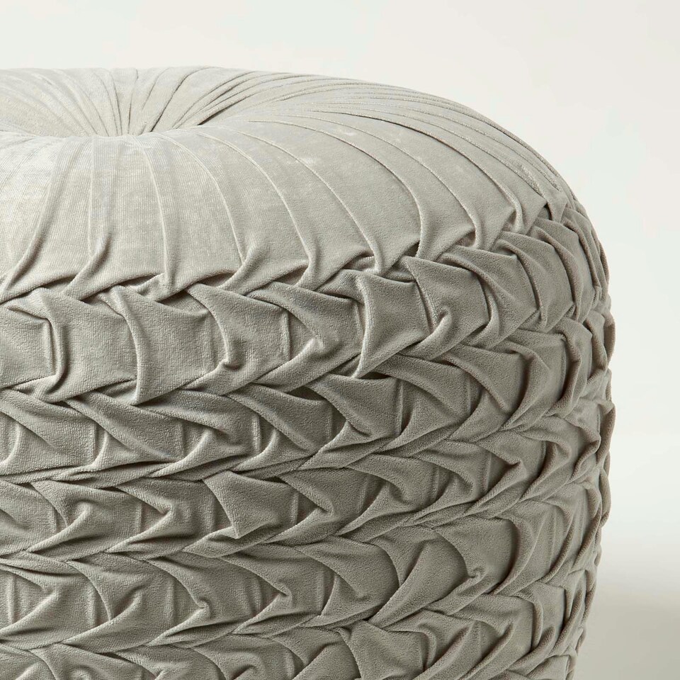 image 1 of Homescapes Grace Pleated Velvet Grey Pouffe
