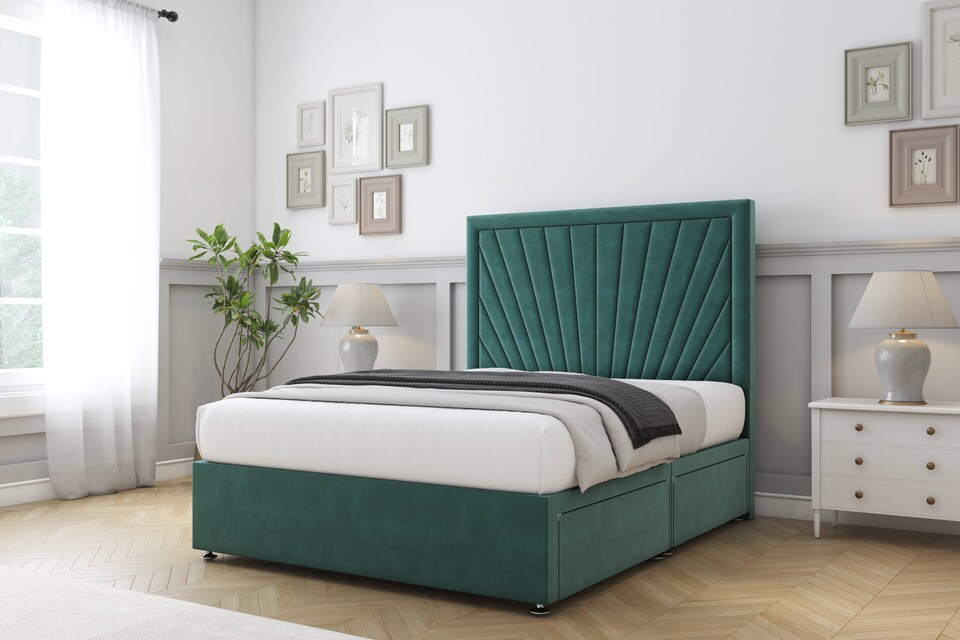 image 1 of Sloomy Somerset Emerald Plush Divan Bed Base No Drawers With 26 Inch Strutted Headboard | Green | Emerald | Small Single | 1