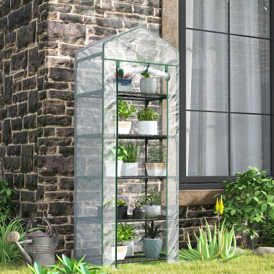 image 1 of Outsunny 5 Tier Mini Greenhouse Grow House w Roll Up Door, WhiteGreen