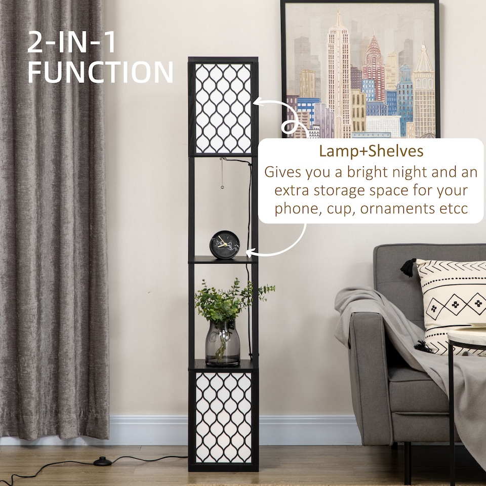 image 1 of HOMCOM 2-Light Modern Floor Lamp with Shelves for Living Room, Bedroom, Black
