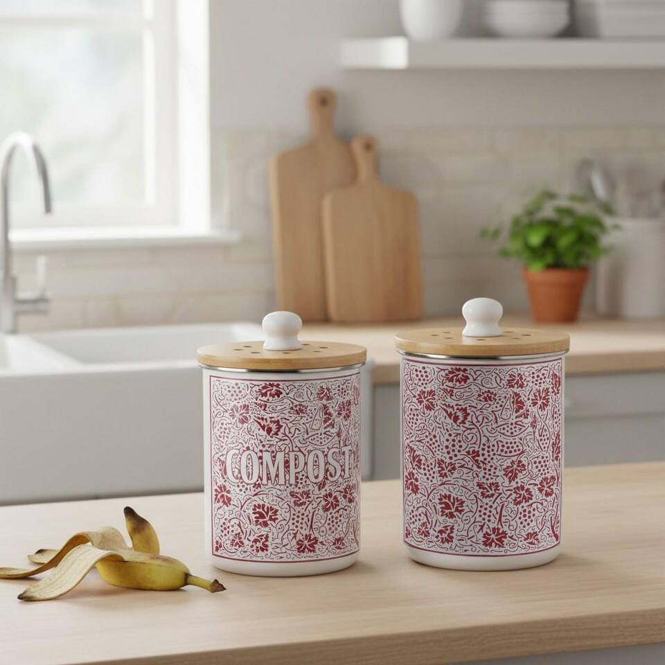 image 1 of Oak Leaves & Berries Compost Caddy - Metal 2L Red Decorative Kitchen Food Waste Bin