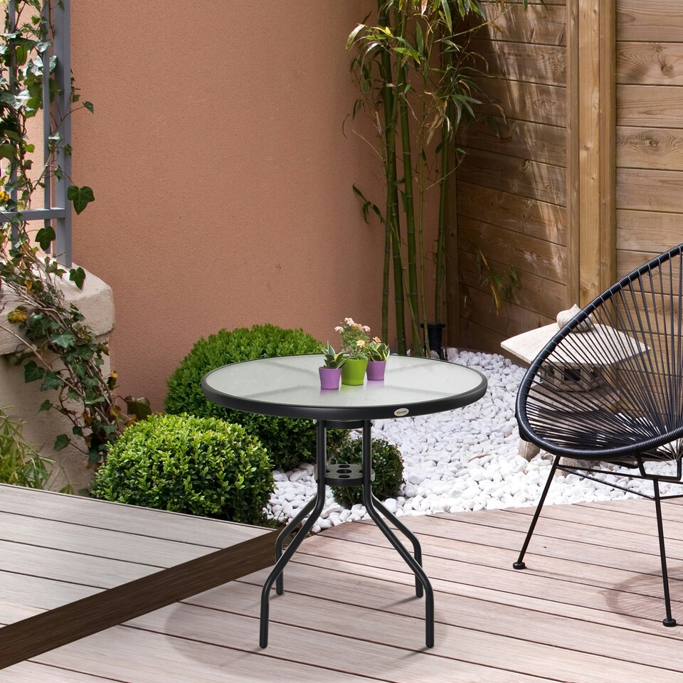 image 1 of Outsunny 80cm Outdoor Round Dining Table with Tempered Glass Top
