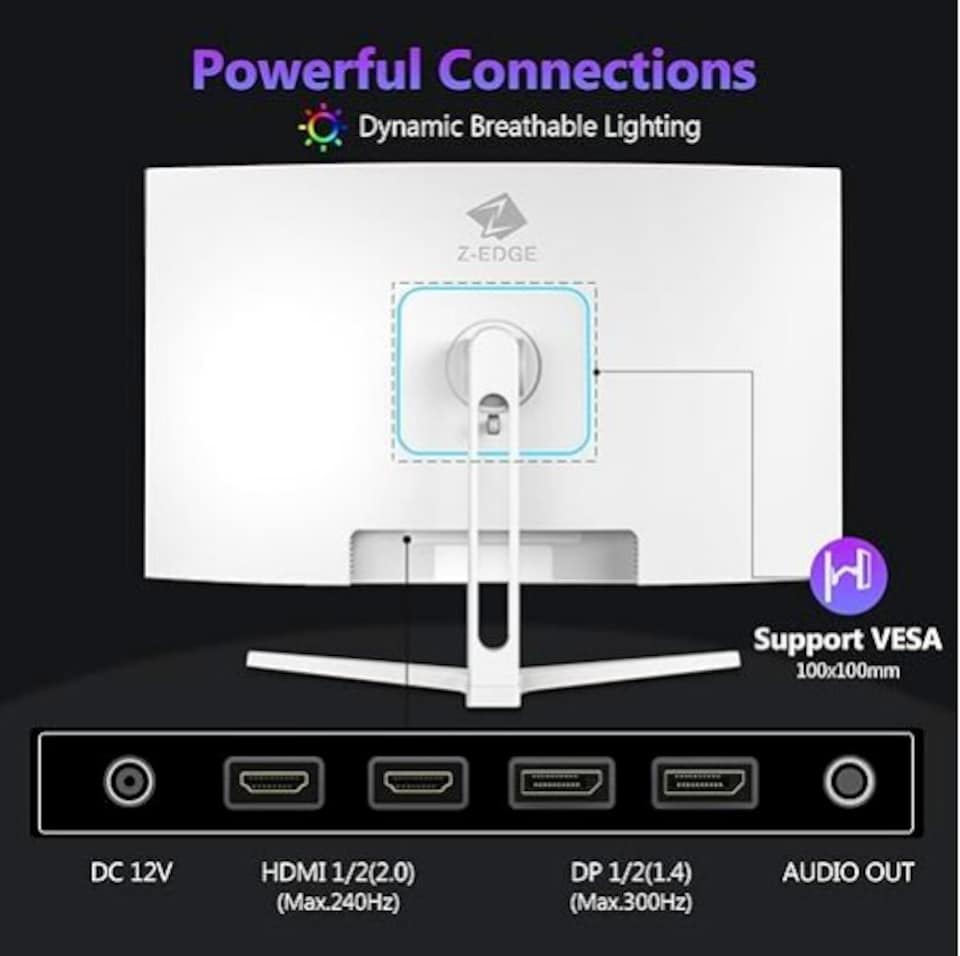 image 1 of Z-Edge 27 Inch Curved Gaming Monitor 300Hz 240Hz 1ms 1080P VA 1500R DP HDMI | White PC Monitor Full HD 1920x1080 16:9, 250cd/m² Brightness, 3000:1 Contrast, FreeSync, Crosshair, VESA Mountable