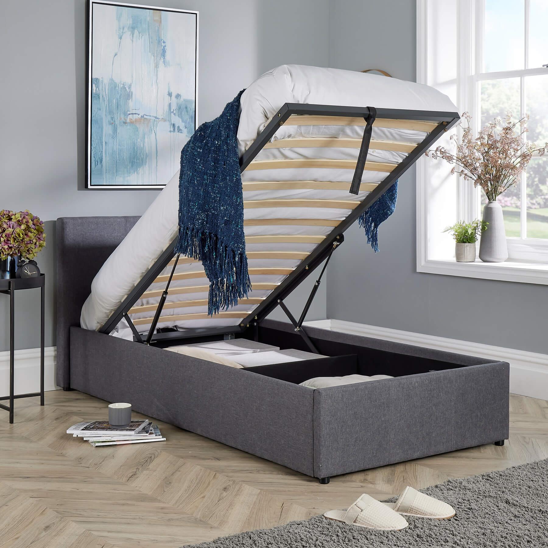 Ottoman End Lift Storage Bed Single Hopsack Fabric Bed Frame Gas Lift Furniture