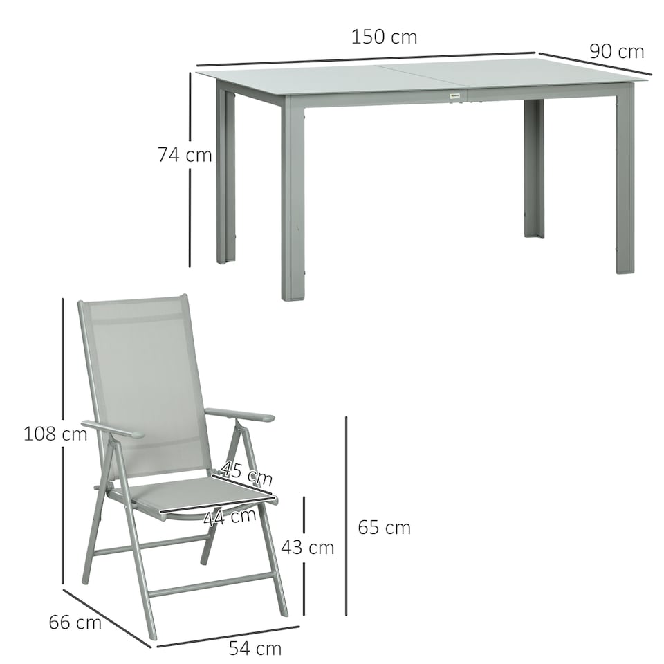 image 1 of Outsunny 7 Piece Garden Dining Set, Outdoor Table and 6 Folding and Reclining Chairs, Aluminium Frame, Tempered Glass Top Table, Texteline Seats, Grey