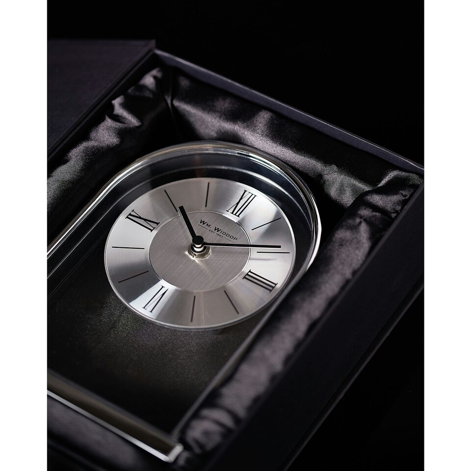 image 1 of Wm.Widdop Chrome & Wood Veneer Mantle Clock Chrome | Brown