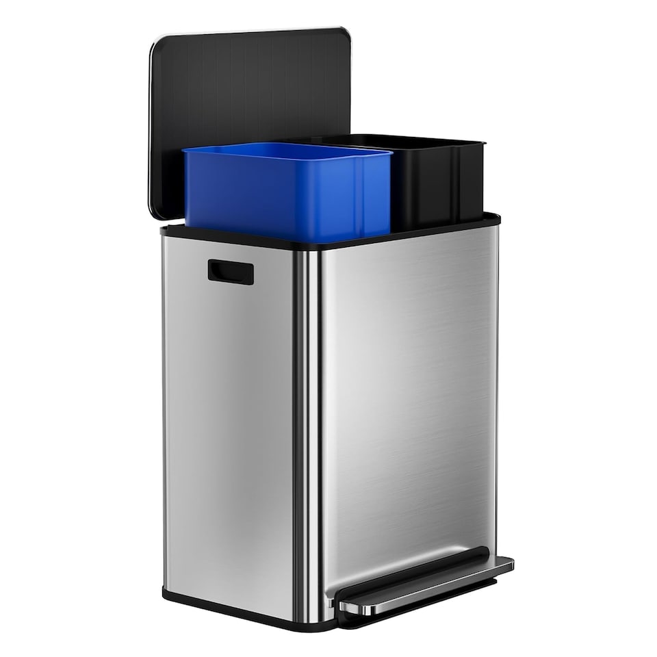 image 1 of London Boutique 60L (2x30L) Stainless Steel Step Bin with Soft-Close Lid & 2-colour Removable Inner Buckets - Silver