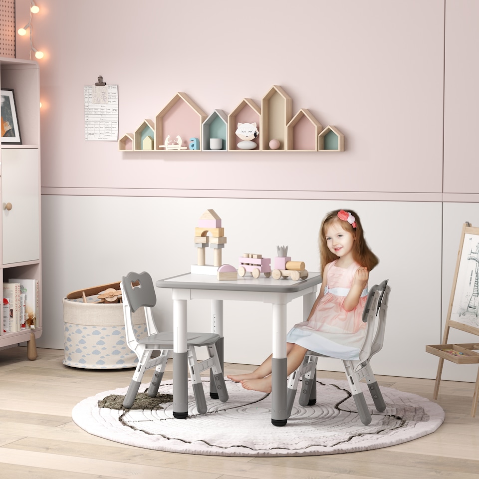 image 1 of AIYAPLAY 3 Pcs Height Adjustable Kids Table and Chair Set for Playroom | Grey