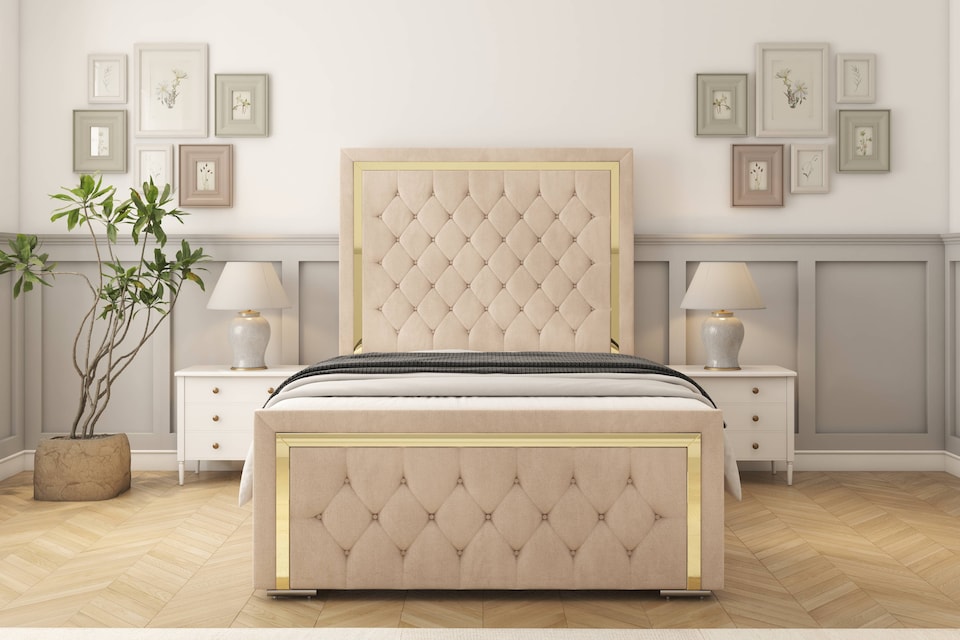image 1 of Sloomy Sofia Gold Sand Naples Bed Frame With 50" Upholstered Headboard 5' King