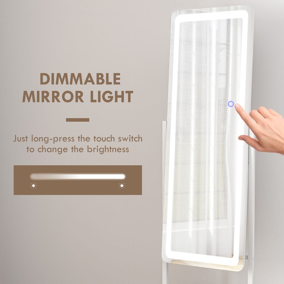 image 1 of HOMCOM Full Length Mirror with LED Lights, Dimmable Free Standing Full Body Mirror with 3 Temperature Colours, Adjustable Angle and Storage Shelf for Bedroom, Living Room, Hallway, White