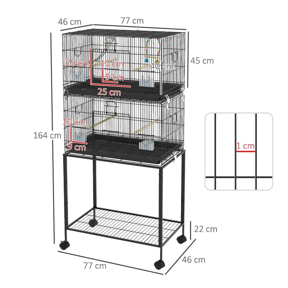 image 1 of PawHut Two-Tier Bird Cage on Wheels w/ Stand, for Canaries