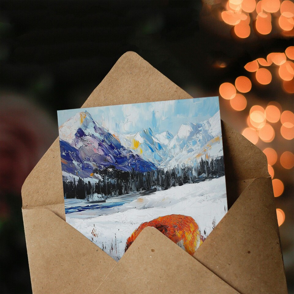 image 1 of Red Fox in Snowy Mountain Winter Landscape Birthday Greeting Card