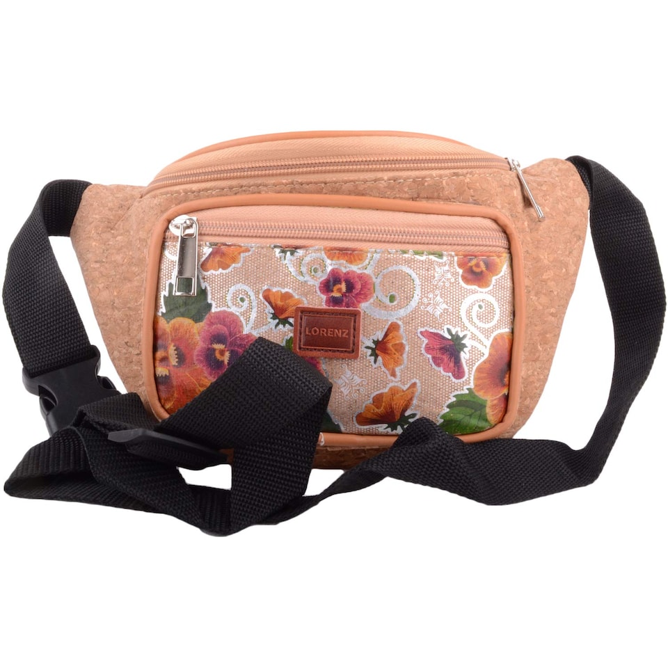 image 1 of Lorenz Womens Travel / Holiday Cork Waist Bag / Bumbag with Floral Design | Brown | Metallic Flowers