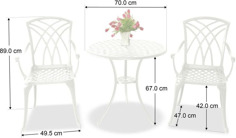 image 1 of Centurion Supports OSHOWA Luxurious Garden and Patio Table and 2 Large Chairs with Armrests Cast Aluminium Bistro Set - White with Green Cushions