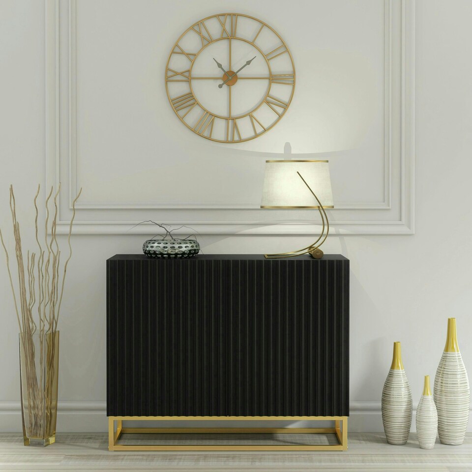 image 1 of Black Sideboard 100cm Fluted Doors Gold Frame Modern Storage Cabinet