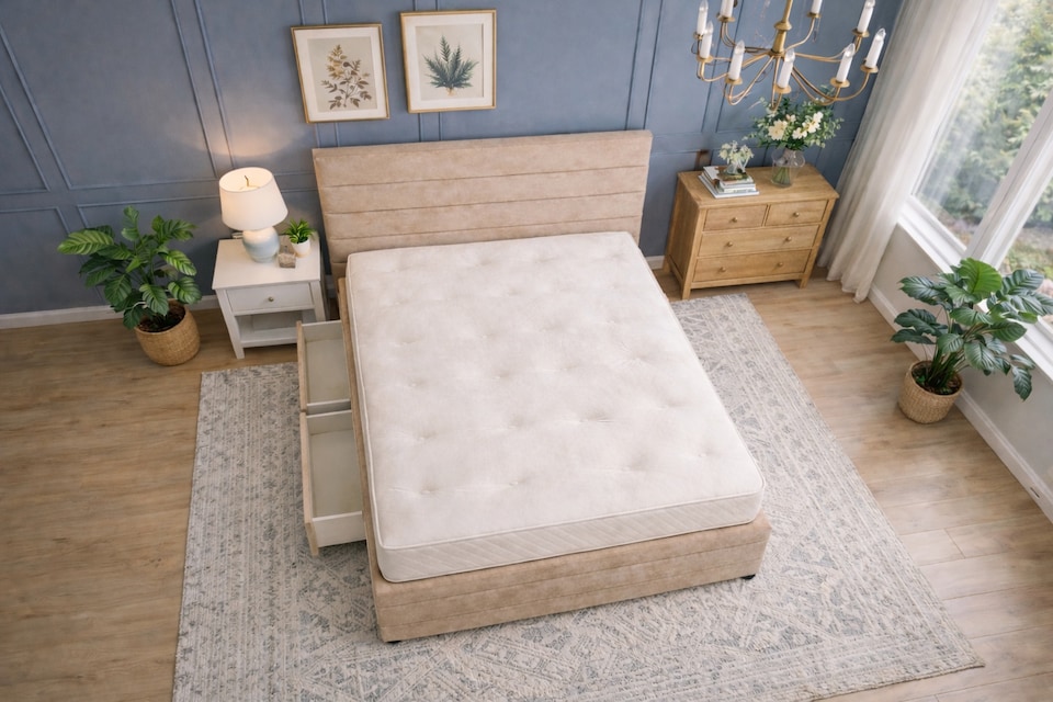 image 1 of Divan Bed Set Headboard and Footboard with Mattress 4ft6 Double Beige Suede Storage 2 Drawers Right Side Laying in Bed