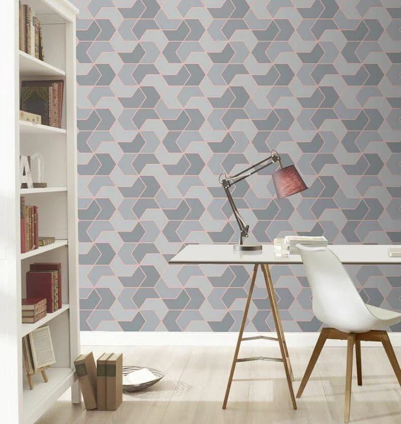 Rasch Geo Hexagonal Shape Patel Colour Metallic Modern Smooth Wallpaper in Grey