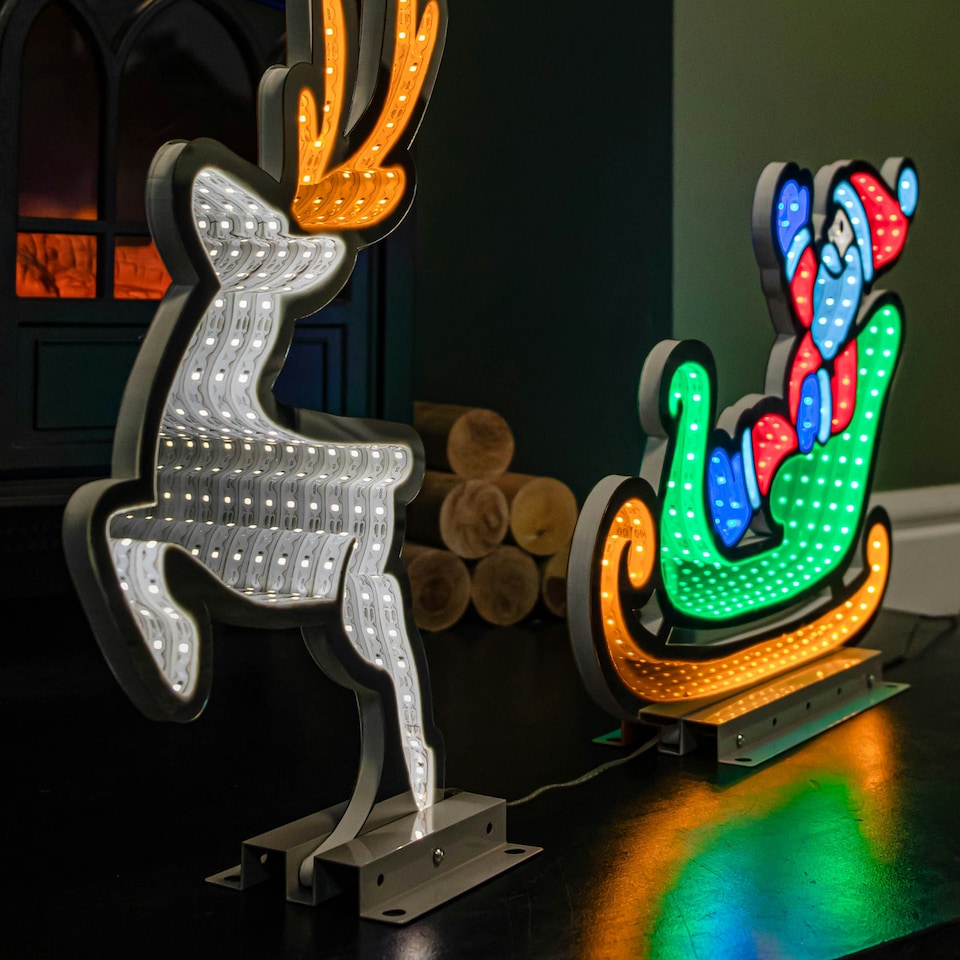 image 1 of 75cm Infinity Santa in Sleigh with Reindeer on Metal Base and Multi-Coloured LEDs