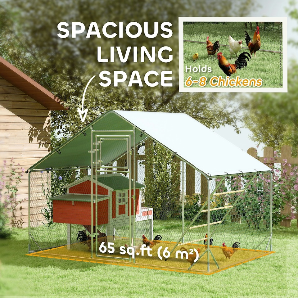 image 1 of PawHut Walk-in Chicken Run w/ Cover, Hanging Feeder Perch, for 6-8 Poultry