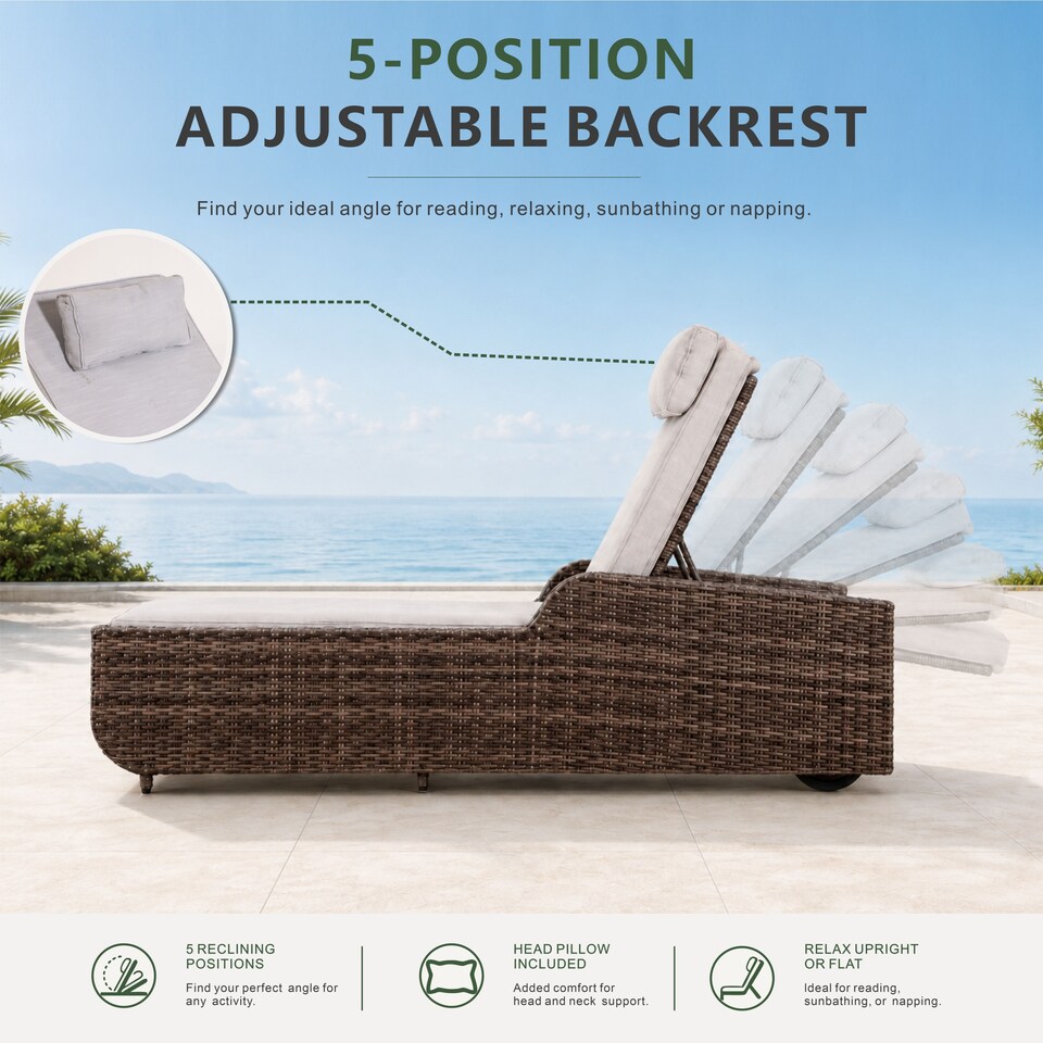 image 1 of Direct Wicker Adjustable Sun Lounge with Side Table – 5‑Position Recliner and Glass‑Top Side Table