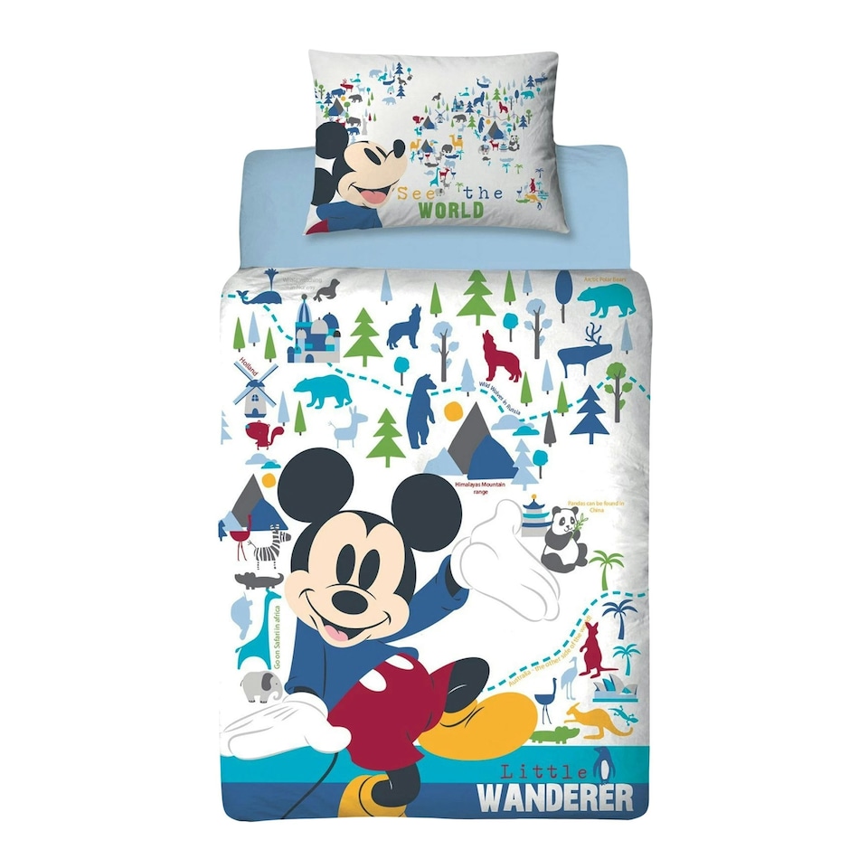 image 1 of Disney Wanderer Mickey Mouse Duvet Cover Set - White/Blue/Green - Junior | White | Single
