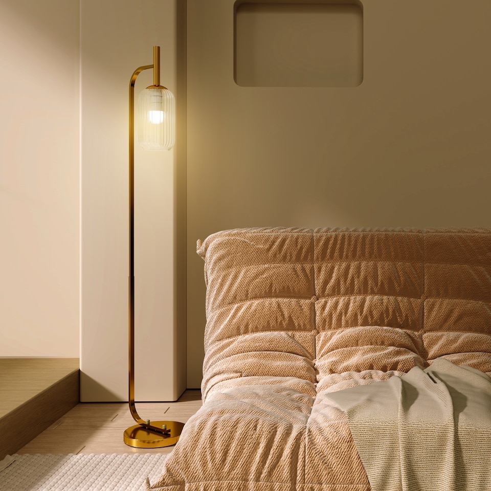 image 1 of HOMCOM Floor Lamp for Living Room with Glass Lampshade, Modern Standing Lamp with Foot Switch for Bedroom, Bulb not Included, Gold Tone