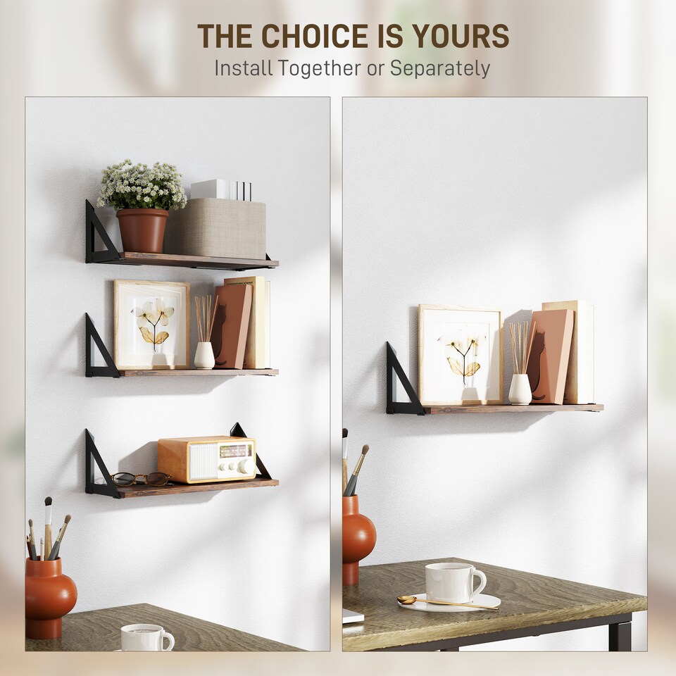 image 1 of HOMCOM Set of 3 Wall Shelves, 43cm Vintage Wall Mounted Floating Shelves for Living Room, Entryway, Bedroom, Rustic Brown