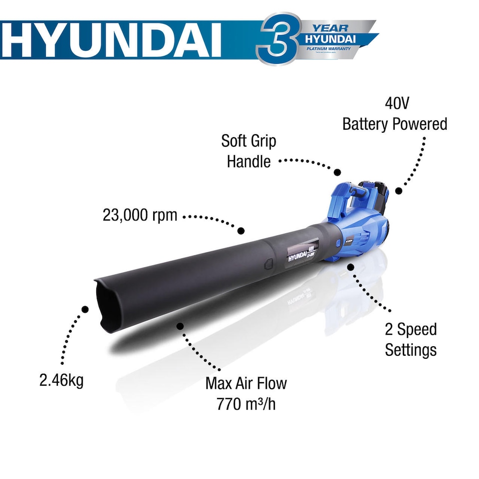 image 1 of Hyundai 40V Cordless Leaf Blower, 132mph Air Speed, Lightweight, Li-Ion Battery Powered Garden Blower | HYB40LI