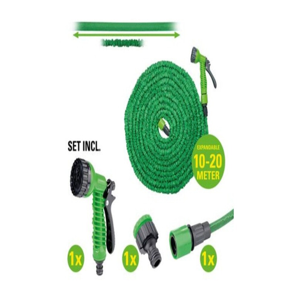 image 1 of Lightweight Green Elastic Garden Hose Set Expandable 10-20M with 7 Functions for Lawn Watering Backyard Plants | Green