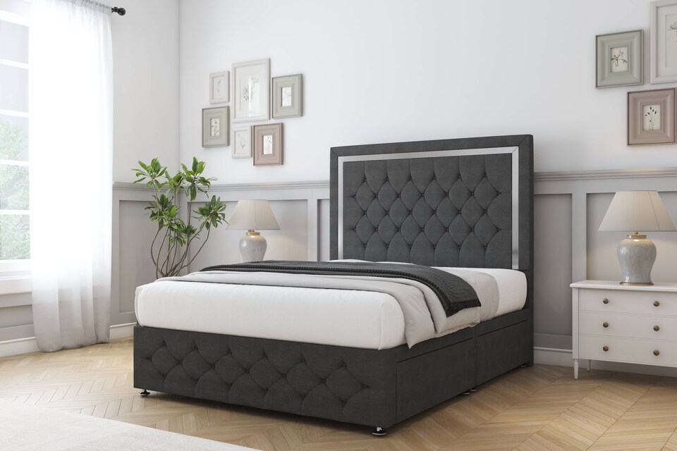 image 1 of Sloomy Sofia Chrome Graphite Dumfries Divan Bed With Mattress 2 Drawers Footend With 54" Floor Standing Headboard & 12" Matching Footboard 5' King | Grey | Graphite | King | 1